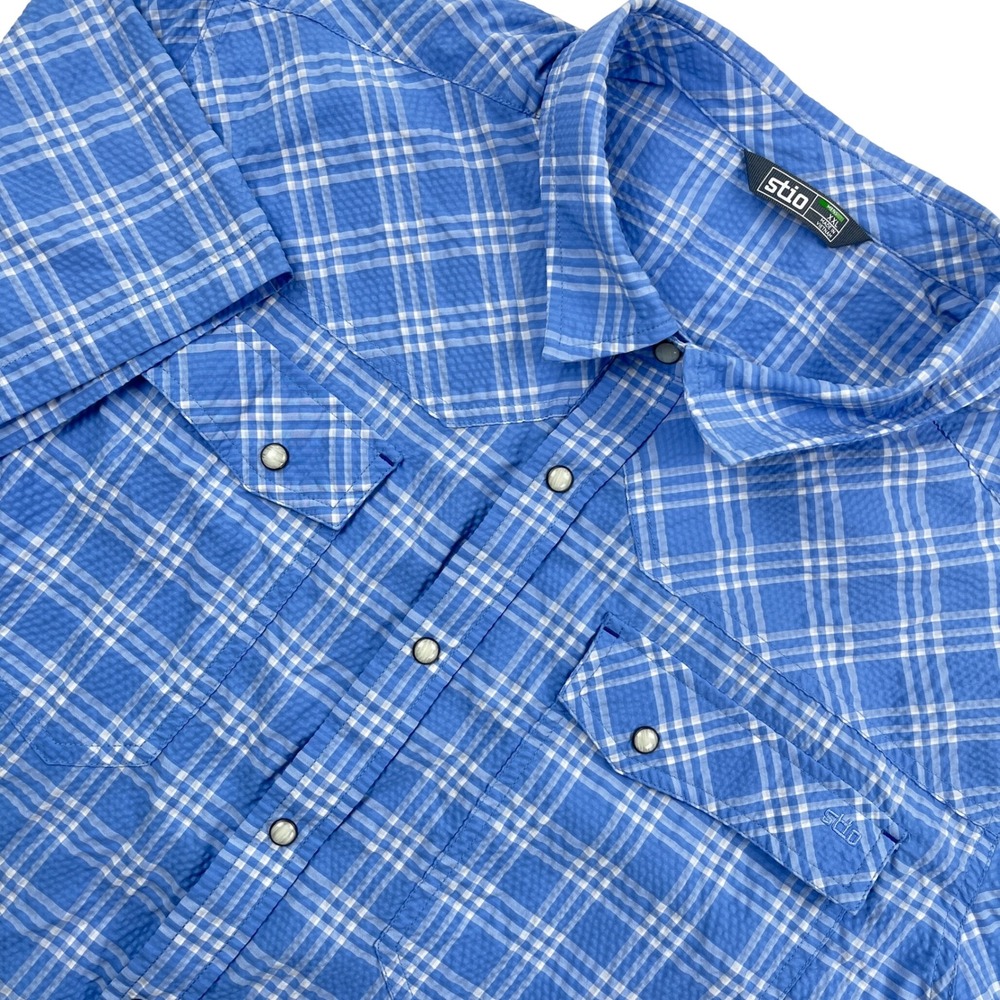 Stio Eddy Coast Shirt Blue Plaid Seersucker Western Pearl Snap Short Sleeve XXL